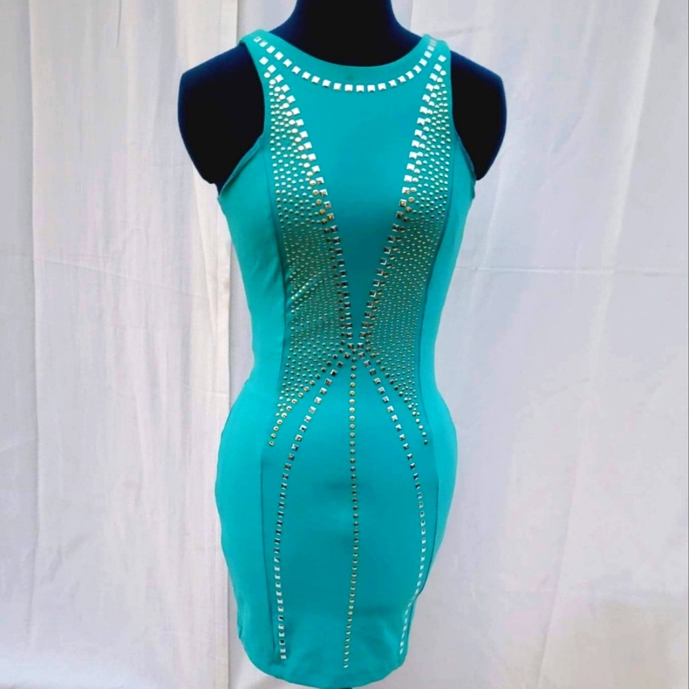Bebe Aqua colored silver and gold studded bodycon dress